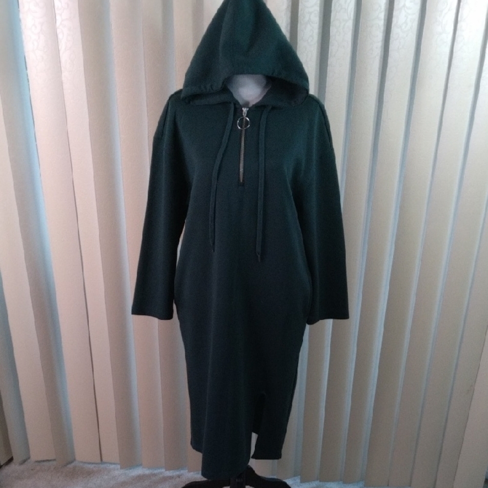 Dark Green Full-Length Hooded Coat with Textured Fabric - Picture 4 of 6